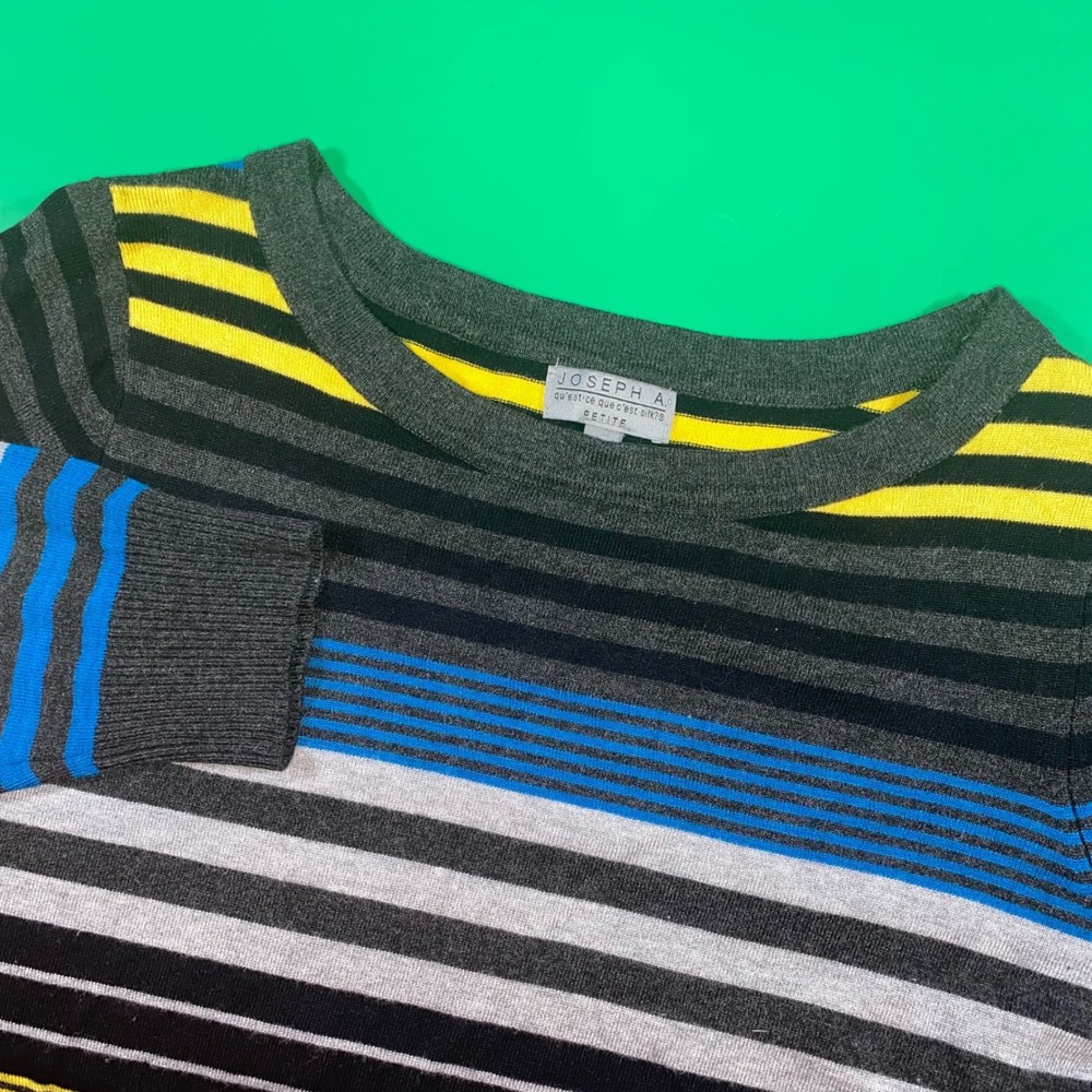 Joseph A Petite Sweater Striped Gray Blue Yellow Knit 3/4‎ Sleeve Top